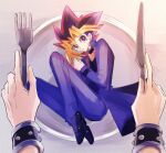  2boys ajita_ponzu butter_knife fork holding holding_fork multiple_boys mutou_yuugi plate white_background yami_yuugi yu-gi-oh! 