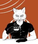  2022 anthro black_clothing black_gloves black_handwear canid canine chair clothing coffee_cup container cup dress_shirt fox fur furniture gloves handwear hi_res holding_coffee_cup holding_cup holding_object looking_at_viewer male mammal reagan700 shirt sitting solo steam table topwear whiskers 