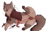 6_nipples anatomically_correct anatomically_correct_anus anatomically_correct_genitalia anatomically_correct_pussy animal_genitalia animal_pussy anus arrow_(weapon) blush blush_lines bow_(weapon) breasts brown_body brown_fur butt canid canine canine_genitalia canine_pussy canis clothed clothed_feral clothing ear_piercing female feral flannel fluffy fluffy_tail fur genitals hi_res knife looking_at_viewer mammal multi_breast multi_nipple nipples orange_eyes parooty partially_clothed pawpads piercing presenting presenting_hindquarters presenting_pussy pussy raised_leg ranged_weapon simple_background solo tail weapon white_background wolf