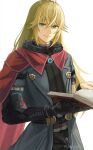  1boy blonde_hair blue_eyes book cape closed_mouth coat commentary_request crossed_bangs grey_coat highres holding holding_book long_hair looking_at_viewer male_focus mechanical_arms red_cape shulk_(xenoblade) simple_background single_mechanical_arm smile solo tomorimoriri white_background xenoblade_chronicles_(series) xenoblade_chronicles_3 xenoblade_chronicles_3:_future_redeemed 