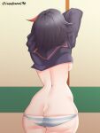  1girl ass black_hair butt_crack clothes_lift cowboy_shot from_behind highres indoors kill_la_kill matoi_ryuuko meme multicolored_hair orangegoon panties ryuko_redraw_(meme) senketsu streaked_hair striped striped_panties underwear undressing 