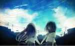  2girls black_hair building closed_eyes cloud holding_hands house mikagamimei multiple_girls original school_uniform star_(sky) 
