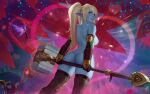  2girls alternate_breast_size alternate_height ass ass_support black_gloves blonde_hair breasts brown_thighhighs from_behind gloves hammer heart highres holding holding_hammer holding_staff large_breasts league_of_legends looking_at_viewer looking_back lulu_(league_of_legends) magic multiple_girls nipples pix_(league_of_legends) poppy_(league_of_legends) pussy pussy_peek solo_focus staff themaestronoob thighhighs topless twintails 