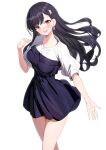  1girl :d black_dress black_hair blush boku_no_kokoro_no_yabai_yatsu breasts brown_eyes commentary dress head_tilt highres long_hair looking_at_viewer medium_breasts puffy_short_sleeves puffy_sleeves ririko_(zhuoyandesailaer) shirt short_sleeves simple_background smile solo standing very_long_hair white_background white_shirt yamada_anna 