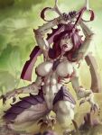  1girl arms_up claws colored_sclera dual_wielding extra_arms green_background highres holding holding_sword holding_weapon leotard long_hair navel orange_sclera red_hair red_lips solo squatting sword themaestronoob tongue tongue_out tyranid warhammer_40k weapon web_address white_leotard yellow_eyes 