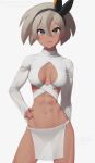  1girl abs alternate_costume bangs bea_(pokemon) black_hairband bow_hairband breasts cleavage closed_mouth commentary_request cowboy_shot dark-skinned_female dark_skin eyelashes grey_eyes grey_hair hair_between_eyes hairband hand_on_hip loincloth looking_at_viewer navel pokemon pokemon_(game) pokemon_swsh putcher short_hair solo sweater toned watermark white_background white_sweater 
