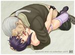  1girl ass ass_grab azasuke batou boots breasts cleavage clothed_sex cyborg fingerless_gloves ghost_in_the_shell gloves gray_hair grey_hair groping hand_on_head highres hug kiss kusanagi_motoko lying missionary ocular_implant on_back ponytail purple_hair red_eyes sex short_hair thighhighs tongue vaginal 