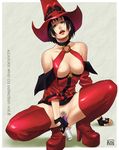  1girl arc_system_works arm_support azasuke bare_shoulders beauty_mark black_hair boots breasts censored choker cleavage dildo fingerless_gloves gloves green_eyes guilty_gear hat highres i-no masturbation mole no_panties open_mouth pubic_hair short_hair solo spread_legs squatting thigh_boots thighhighs vibrator witch_hat 