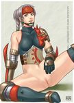  1girl armor azasuke bare_shoulders blue_eyes bottomless braid capcom censored character_request elbow_gloves gloves gray_hair grey_hair headband headguard highres kuroobi midriff monster_hunter monster_hunter_g navel no_panties ponytail pussy shaved_pussy sitting solo spread_legs thighhighs 