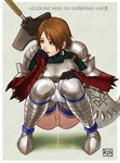  1girl armor azasuke brown_eyes brown_hair capcom censored earrings gauntlets gloves highres jewelry monster_hunter peeing pussy short_hair shorts shorts_pull solo squatting sword thighhighs weapon 