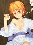  blush flat_chest hair_ornament hairclip highres inami_mahiru japanese_clothes kimono lying milk no_panties on_back open_clothes open_kimono orange_eyes orange_hair sexually_suggestive short_hair solo suggestive_fluid takeda_yukimura wet working!! 