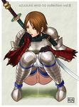  1girl armor azasuke brown_eyes brown_hair capcom censored earrings gauntlets gloves highres jewelry monster_hunter peeing pussy short_hair shorts shorts_pull solo squatting sword thighhighs weapon 