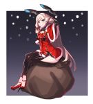  1girl adapted_costume alternate_legwear black_legwear bow brown_eyes christmas cleavage_cutout hair_bow hiememiko high_heels highres kantai_collection leggings murakumo_(kantai_collection) remodel_(kantai_collection) sack snowing white_hair 