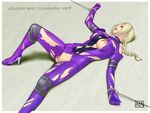  1girl azasuke bare_shoulders bdsm blonde_hair blue_eyes bodysuit bondage bound bound_wrists braid breasts censored cuffs erect_nipples handcuffs highres leg_lift long_hair lying nina_williams nipple_slip nipples no_bra no_panties on_back ponytail pussy shaved_pussy skin_tight solo tekken torn_clothes 