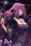  1girl bangs breasts cleavage covered_navel detached_collar dress fate/grand_order fate_(series) fur_trim hair_between_eyes hair_ribbon highres jewelry large_breasts long_hair necklace pendant profile purple_dress purple_hair red_eyes ribbon runes scathach_(fate)_(all) scathach_skadi_(fate/grand_order) solo tiara wand wide_sleeves yume_ou 