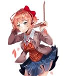  1girl bangs blood bloody_hands blue_eyes blue_skirt bow broken_heart collared_shirt crying crying_with_eyes_open doki_doki_literature_club empty_eyes grey_jacket hair_bow hazu_t highres jacket long_sleeves neck_ribbon noose open_clothes open_jacket pleated_skirt red_bow red_ribbon red_sweater ribbon sayori_(doki_doki_literature_club) school_uniform shirt short_hair skirt spoilers suicide sweater tears vest white_shirt wing_collar 