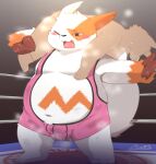  2022 anthro belly blush bodily_fluids bulge canid canine dipo_(artist) duo fighting_ring hi_res kemono male mammal musk navel nintendo one_eye_closed orange_body overweight overweight_male pok&eacute;mon pok&eacute;mon_(species) sweat video_games white_body wrestling zangoose zangoose_day 