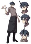  1boy absurdres alternate_costume apron arknights black_pants blue_hair champagne_flute commentary_request cup drinking_glass expressions flamebringer_(arknights) frown glass grey_shirt grimace highres holding holding_tray horns infection_monitor_(arknights) looking_at_viewer male_focus material_growth oripathy_lesion_(arknights) pants parted_lips pointy_ears profile shirt single_horn sleeves_rolled_up smile teacup tray waist_apron wn_(wani-noko) yellow_eyes 