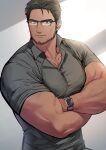  1boy bara black_hair closed_mouth collared_shirt crossed_arms facial_hair glasses grey_shirt highres kowamote_(1515_iiotkwkk) large_pectorals looking_at_viewer male_focus muscular muscular_male original pectorals shirt short_hair simple_background smile solo upper_body watch wristwatch 