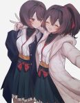  2girls ^_^ black_coat blush brown_eyes brown_hair closed_eyes coat cowboy_shot frilled_skirt frills green_skirt hair_between_eyes hair_ribbon highres hyuuga_(kancolle) ise_(kancolle) japanese_clothes kantai_collection kazeshio long_sleeves looking_at_another multiple_girls nontraditional_miko open_mouth ponytail revision ribbon short_hair simple_background skirt v white_background white_coat 