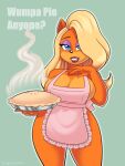  absurd_res activision anthro apron apron_only bandicoot big_breasts breasts cleavage clothed clothing crash_bandicoot_(series) dessert english_text eyeshadow female food hair hair_over_eye hi_res lipstick looking_at_viewer makeup mammal marsupial mostly_nude omegasunburst one_eye_obstructed pie solo tawna_bandicoot text video_games 