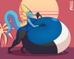 anthro belly belly_inflation big_belly blue_body gravityinbound hand_on_stomach hose hyper hyper_belly inflation inteleon male nintendo pok&eacute;mon pok&eacute;mon_(species) pok&eacute;morph solo video_games water_inflation white_body yellow_frill 