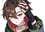  1boy blush brown_eyes brown_hair dark_skin eyebrow_piercing fingerless_gloves gaming_(genshin_impact) genshin_impact gloves hair_between_eyes hair_intakes hand_on_own_head highres hood hood_down jacket jewelry looking_at_viewer male_focus mole mole_on_neck neck_ring oguma_000 parted_lips piercing portrait red_hair simple_background solo white_background 