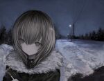  1girl black_coat chan8016 cigarette coat expressionless fur-trimmed_coat fur_trim grey_eyes grey_hair holding holding_cigarette lamppost medium_hair night original outdoors pale_skin power_lines scenery smoke snow solo winter_clothes winter_coat 