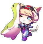  1girl :3 animal_ears animification apex_legends blonde_hair blue_bodysuit blue_eyes blue_gloves blush bodysuit cat_ears cat_girl cat_tail chibi commission furrification furry furry_female gloves goggles goggles_on_headwear helmet highres nessie_(respawn) official_alternate_costume one_eye_closed pipa_(1pgjsf1) scar scar_on_cheek scar_on_face simple_background smile solo stuffed_toy tail wattson_(apex_legends) white_background white_headwear wired_for_speed_wattson 