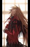  1boy absurdres bangle black_border black_shirt blurry blurry_background border bracelet brown_hair closed_eyes coat dirge_of_cerberus_final_fantasy_vii facing_to_the_side facing_up final_fantasy final_fantasy_vii genesis_rhapsodos gloves hair_between_eyes hand_on_own_chest highres jewelry long_coat long_hair long_sleeves male_focus pillarboxed profile red_coat red_gloves roku_(gansuns) shirt solo turtleneck twitter_username 