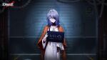  1girl against_wall blue_hair chain character_name closed_mouth copyright_name cowboy_shot dress eyepatch grey_eyes hand_up hecate_(path_to_nowhere) height_mark highres holding holding_sign indoors jacket jacket_on_shoulders logo long_sleeves looking_at_viewer medium_hair mugshot official_art official_wallpaper one_eye_covered orange_jacket path_to_nowhere prison_cell prison_clothes sign solo white_dress 