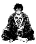  1boy arm_tattoo barefoot blood blood_on_face chest_tattoo chief_(chiefvinsmoke) closed_mouth commentary_request crossed_arms cuffs earrings facial_hair goatee handcuffs haori injury japanese_clothes jewelry kimono looking_at_viewer male_focus monochrome one_piece short_hair sitting smirk solo sweat tattoo trafalgar_law v-shaped_eyebrows 