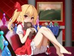  1girl absurdres ascot barefoot blonde_hair bloomers bow commentary crystal flandre_scarlet hair_bow highres holding holding_stuffed_toy indoors knife looking_at_viewer multicolored_wings no_headwear one_side_up painting_(object) picture_frame pointy_ears puffy_short_sleeves puffy_sleeves red_bow red_eyes short_sleeves side_ponytail stuffed_animal stuffed_toy teddy_bear touho_0505 touhou white_bloomers wings yellow_ascot 