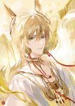  1boy alkaid_mcgrath animal_ears bird blonde_hair chinese_clothes dangle_earrings earclip earrings eyeliner fox_boy fox_ears fox_tail gold_collar gold_earrings gold_necklace green_eyes hair_between_eyes hanfu implied_extra_ears jewelry kemonomimi_mode long_sleeves looking_at_viewer lovebrush_chronicles makeup male_focus medium_hair mountain necklace parted_lips plunging_neckline red_eyeliner red_ribbon ribbon robe sideways_glance smile solo tail upper_body white_robe xuedaixun 