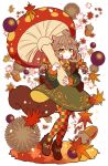  1girl acorn ahoge animal_ears autumn_leaves bangs bow brown_footwear brown_hair checkered_bow checkered_clothes checkered_legwear chestnut commentary_request dress full_body green_dress hair_bow holding holding_mushroom long_sleeves multicolored_clothes multicolored_legwear murasaki_daidai_etsuo mushroom open_mouth original oversized_object pantyhose shoes simple_background solo squirrel_ears squirrel_tail tail twintails unmoving_pattern white_background yellow_eyes 