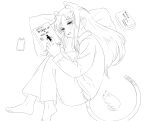  1girl animal_ears barefoot blush book cat cat_ears cat_girl cat_tail fetal_position highres holding holding_book long_hair lying monochrome nekopantsu_(blt) on_side open_mouth original pajamas pillow reading sketch solo tail 