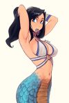  1girl absurdres armpits arms_behind_head artist_name black_hair blue_eyes breasts cleavage commentary highres lamia large_breasts long_hair monster_girl navel original raichiyo33 scales simple_background solo tying_hair white_background 