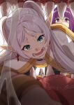  3girls @_@ blunt_bangs blurry blurry_foreground capelet commentary_request dangle_earrings earrings elf fern_(sousou_no_frieren) frieren frieren_stuck_in_a_mimic_(meme) furrowed_brow green_eyes highres jewelry long_hair looking_at_another meme mimic mimic_chest multiple_girls open_mouth parted_bangs pointy_ears purple_hair saliva sense_(sousou_no_frieren) sharp_teeth sousou_no_frieren tearing_up teeth thick_eyebrows tongue twintails wet wet_clothes white_capelet white_hair yami_anko 