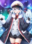  1girl :d aurora bangs black_jacket black_necktie black_shorts blue_eyes blue_hair blush collared_shirt fur-trimmed_jacket fur_trim hair_between_eyes hat hatsune_miku highres jacket long_hair looking_at_viewer murano necktie night night_sky open_clothes open_jacket outdoors peaked_cap red_shirt shirt short_shorts shorts silver_hair sky smile snowflakes solo star_(sky) starry_sky striped striped_legwear thighhighs twintails very_long_hair vest vocaloid white_headwear white_vest 