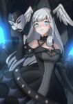  1girl black_dress blue_eyes chascoby dress elbow_gloves gloves head_wings highres holding holding_mask mask melia_antiqua silver_hair solo wings xenoblade_chronicles xenoblade_chronicles_(series) xenoblade_chronicles_3 