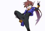  1girl aile_(mega_man_zx) black_bodysuit blue_jacket bodysuit bodysuit_under_clothes breasts brown_hair cropped_jacket foot_out_of_frame jacket kaidou_zx leg_up long_hair mega_man_(series) mega_man_zx mega_man_zx_advent no_pants open_clothes open_jacket ponytail robot_ears short_sleeves simple_background small_breasts solo v white_background 