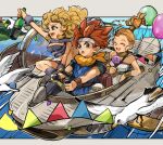  1boy 2girls ayla_(chrono_trigger) bandana bandana_around_neck bare_shoulders bird black_shirt blonde_hair blue_eyes blue_shirt bottle breasts brown_hair candy chrono_trigger crono_(chrono_trigger) dress food high_ponytail highres holding holding_bottle holding_candy holding_food holding_lollipop large_breasts lollipop long_hair marle_(chrono_trigger) medium_breasts multiple_girls on_vehicle red_hair seagull shirt spiked_hair strapless tube_top twitter_username uzutanco wavy_hair white_dress yellow_bandana 