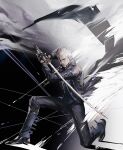  1boy absurdres black_gloves blue_coat blue_eyes closed_mouth coat devil_may_cry_(series) fingerless_gloves gloves hair_slicked_back highres holding holding_sword holding_weapon katana male_focus qvlv_kuzi_feichuan solo sword vergil_(devil_may_cry) weapon white_hair yamato_(sword) 