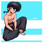  1boy barefoot between_legs black_hair black_pants blue_eyes braid braided_ponytail frown hand_between_legs head_tilt looking_at_viewer male_focus muscular muscular_male pants ranma_1/2 saotome_ranma signature topless_male two-tone_background wanta_(futoshi) 