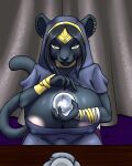  5_fingers anthro areola areola_slip big_breasts black_body black_fur black_hair breasts cleavage clothed clothing crystal_ball daydream_at_night dungeons_and_dragons ear_piercing felid feline female fingers fur furball_(artist) hair hasbro hi_res hood huge_breasts looking_at_viewer mammal nipple_outline pantherine piercing sitting solo tabaxi wizards_of_the_coast wraps wrist_wraps yellow_eyes 