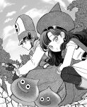  1boy 1girl absurdres alena_(dq4) blush cape clift dragon_quest dragon_quest_iv dress greyscale hat highres long_hair looking_at_viewer monochrome okita_(sukult_4) outdoors sky slime_(creature) squatting sword tree weapon 