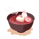  animal beans bear bowl bud chai_(drawingchisanne) commentary_request food food_focus fruit in_food knit_hat mochi no_humans original polar_bear scarf shiruko_(food) signature soup strawberry undersized_animal wagashi white_background 