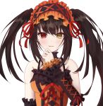  1girl absurdres bare_shoulders black_hair breasts cleavage clock_eyes date_a_live date_a_live:_date_a_bullet dress gothic_lolita hairband heterochromia highres lolita_fashion lolita_hairband long_hair looking_at_viewer medium_breasts open_mouth red_eyes ribbon roman_numeral smile solo symbol-shaped_pupils tokisaki_kurumi tti_tti twintails uneven_twintails white_background yellow_eyes 