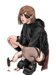  1girl black_jacket blood brown_eyes brown_hair eyepatch fingerless_gloves gloves hammer highres imeko_san jacket jujutsu_kaisen kugisaki_nobara looking_at_viewer short_hair simple_background solo tagme 