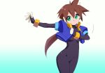  1girl aile_(mega_man_zx) aqua_background black_bodysuit blue_jacket bodysuit bodysuit_under_clothes breasts brown_hair commentary_request cropped_jacket gradient_background green_eyes jacket kaidou_zx long_hair looking_to_the_side mega_man_(series) mega_man_zx mega_man_zx_advent no_pants open_clothes open_jacket ponytail small_breasts solo spiked_hair white_background 